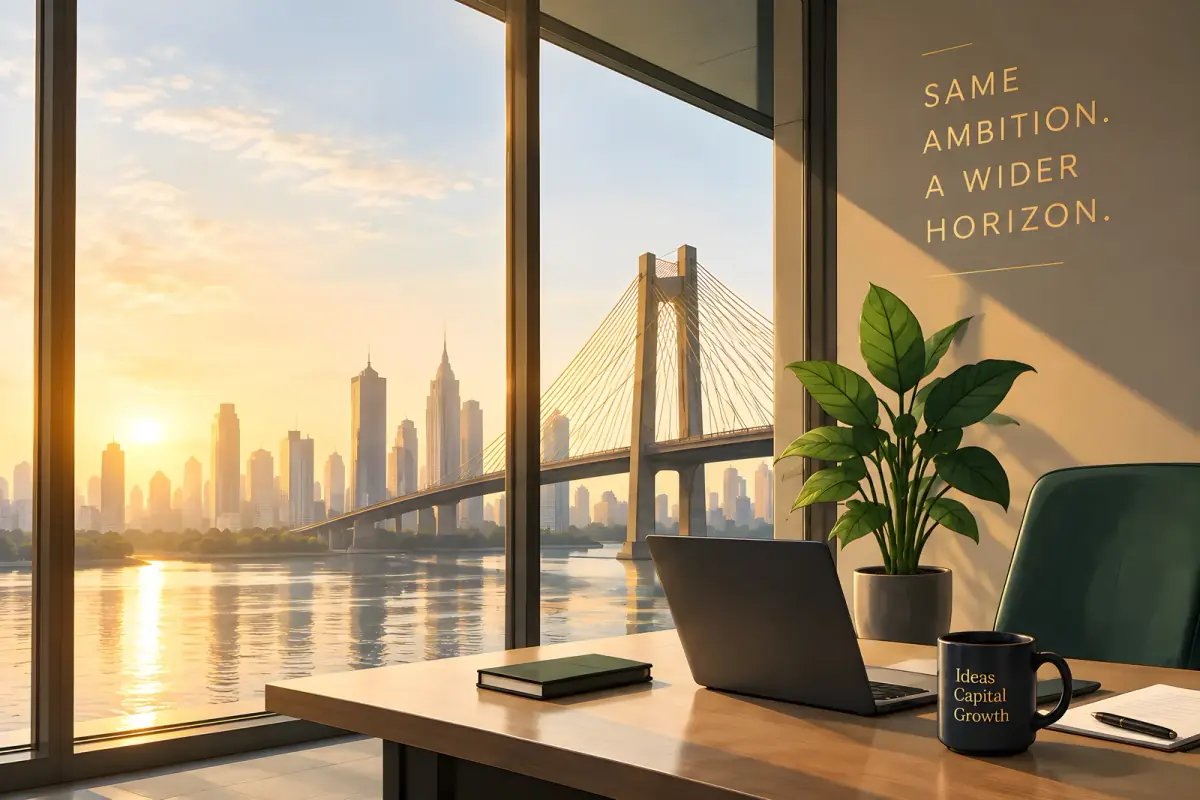 A sunlit office desk with a laptop and notebook, looking out on a cable-stayed bridge and city skyline at golden hour.