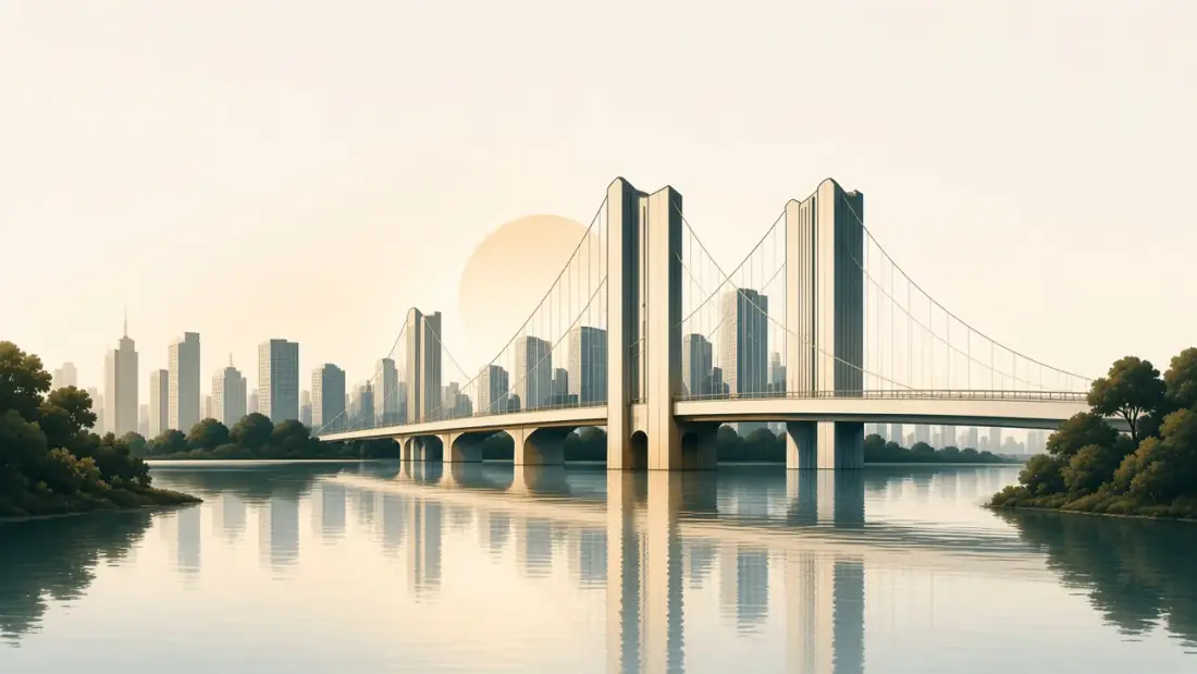 A suspension bridge spanning calm water toward a city skyline.