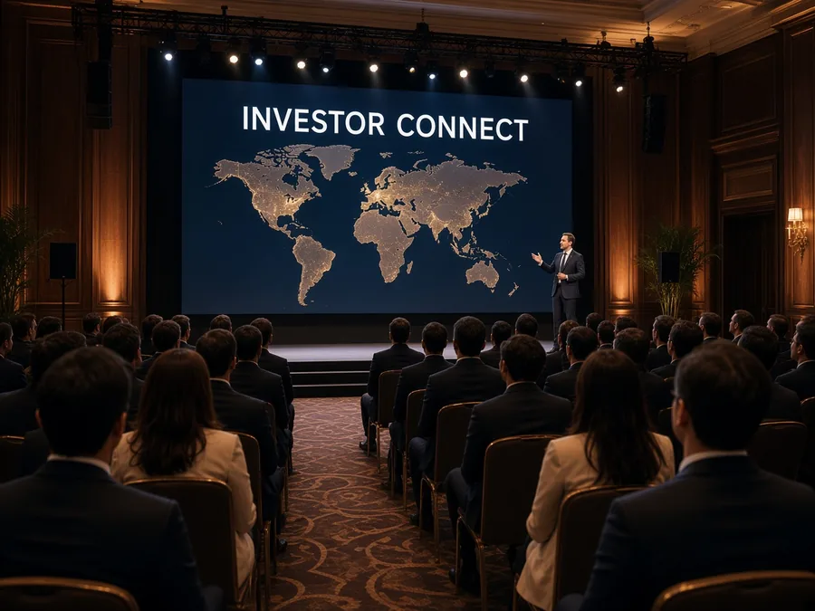 An investor presentation titled Investor Connect, with a world map on the screen.