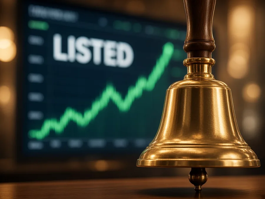 A brass listing bell in front of a trading screen marked Listed.