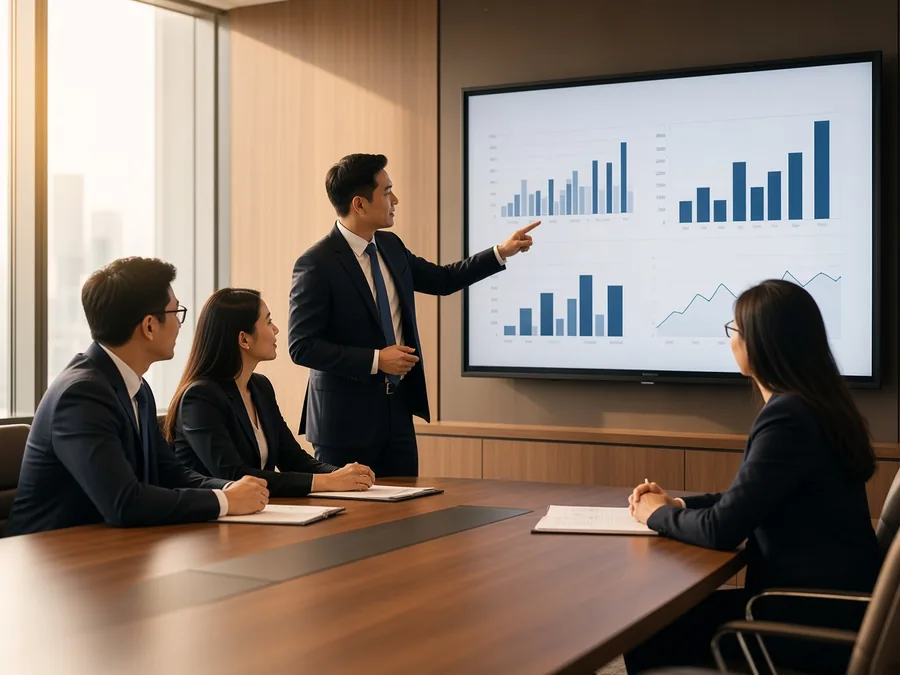 Advisors in a boardroom reviewing bar charts on a large screen.