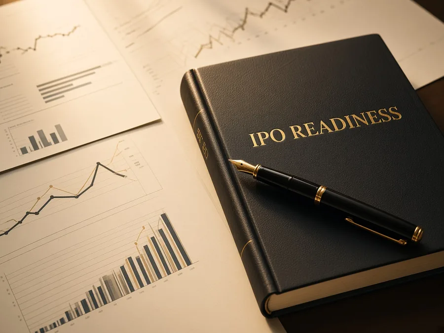 Financial documents, a fountain pen, and a book titled IPO Readiness arranged on a desk.